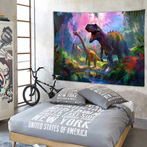 Miniatura 4 de Tapiz decorativo de dinosaurio para dormitorio de niños, genial animal antiguo T-Rex Forest Art Tapices para colgar en la pared, póster