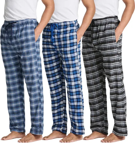 Paquete de 3 Pantalones de pijama para hombre Pantalones de franela de algodón de punto Bragueta de botón (disponible en tallas grandes y altas)