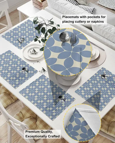 Miniatura 2 de Juego de 6 manteles individuales geométricos azules para mesa de comedor, manteles individuales de lino de algodón con bolsillo, tapete de arpillera