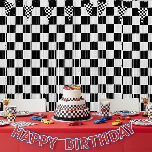Miniatura 3 de Decoraciones de cumpleaños de coches, 2 cortinas de flecos de aluminio de carreras y 1 paquete de pancarta de bandera a cuadros para accesorios