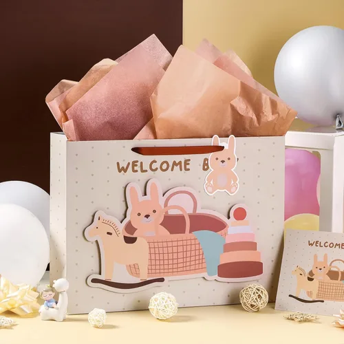 Miniatura 3 de LeZakaa Bolsa de regalo de conejo de 16 pulgadas con papel de seda, etiqueta de regalo y tarjeta, bolsa caqui con conejo en el baño y diseño de Bebé