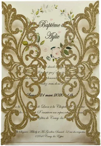 Miniatura 5 de 25 piezas de tarjetas de invitaciones de boda cortadas con láser con purpurina verde con sobres, hojas interiores en blanco, cintas