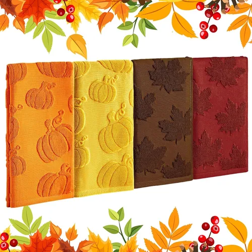 Miniatura 9 de Remagr Paquete de 4 toallas de mano 3D de calabaza jacquard para baño, algodón jacquard, absorbente, otoño, Acción de Gracias, naranja y amarillo