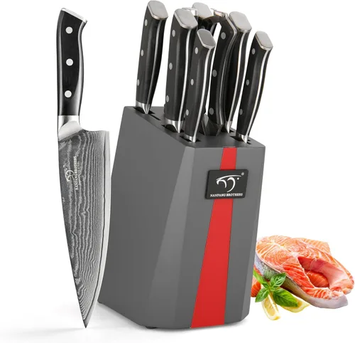 Miniatura 9 de NANFANG BROTHERS Juego de cuchillos de cocina de Damasco de 9 piezas con bloque, mango ergonómico ABS para juego de cuchillos de chef, afilador