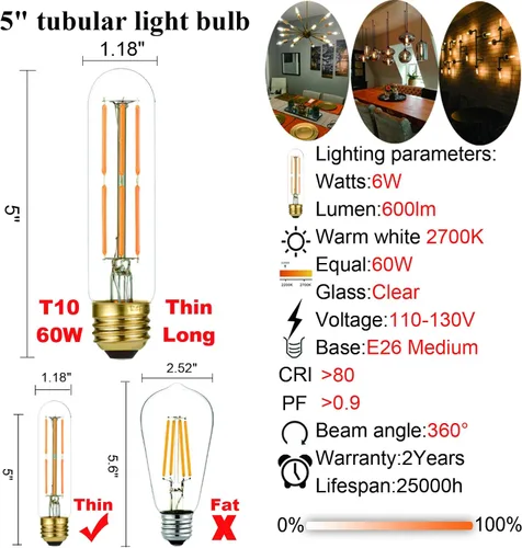 Miniatura 5 de LiteHistory Bombilla Edison E26 regulable de 6 W, igual a 60 W, AC120V, blanco cálido, 2700 K, bombillas Edison de 60 W, 600 lúmenes, bombilla LED
