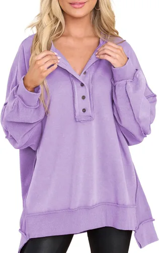 Miniatura 7 de AlvaQ - Sudadera de gran tamaño para mujer, informal, de manga larga, con botones y cuello Henley, tipo túnica