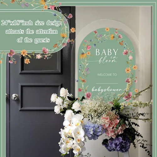 Miniatura 5 de Yousoontic Letrero de bienvenida de acrílico para baby shower, de 24 x 18 pulgadas, letrero de bienvenida de flores silvestres con flores silvestres