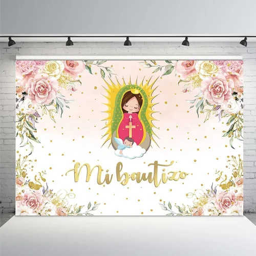 MEHOFOND Telón de fondo de bautismo Mi Bautizo de 8 x 6 pies, acuarela, rosa, floral, hierba de las pampas, fondo de baby shower, fondo de baby