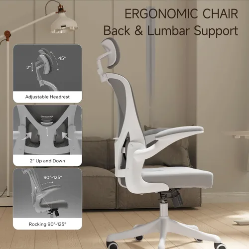 Miniatura 3 de Silla de Oficina Ergonómica con Soporte Lumbar Ajustable y Reposabrazos Abatibles - Silla de Escritorio de Computadora de Respaldo Alto con Cojín