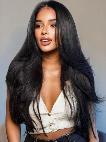 Miniatura 47 de KLAIYI Peluca de cabello humano con encaje frontal precortada 7x5, corte Bob en capas, corte romo, cordón sin pegamento, peluca predepilada