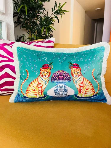 Miniatura 2 de Funda de almohada con patrón de gato amarillo, almohada de terciopelo turquesa, cojín de borla beige, almohada decorativa para decoración del hogar