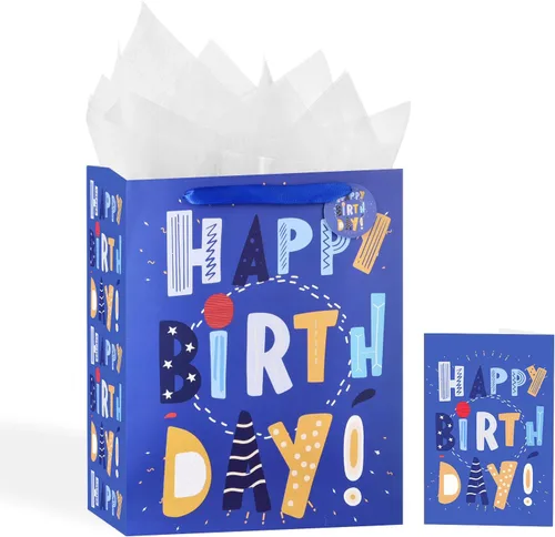 Miniatura 33 de Powbrace Bolsa de regalo de cumpleaños negra con papel de seda y tarjeta de felicitación, 13 x 10.2 x 4.9 pies, mediana