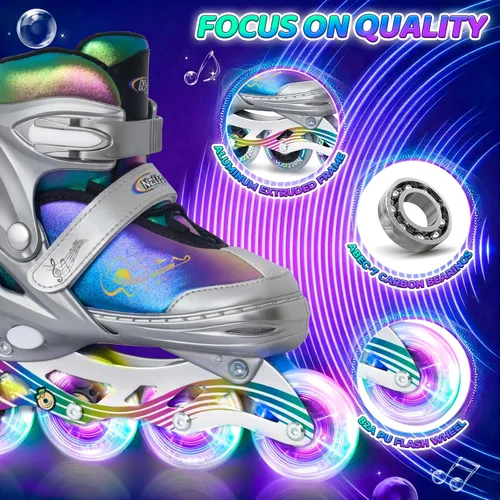 Miniatura 4 de Nattork Patines en línea ajustables para niños y adolescentes con ruedas iluminadas, color degradado, deslizamiento suave plateado