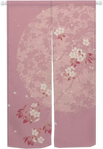 Leowefowa Noren - Cortina de puerta de estilo japonés, estampado de flores rosadas, luna, cortina de puerta, tratamiento de ventana, tapiz para