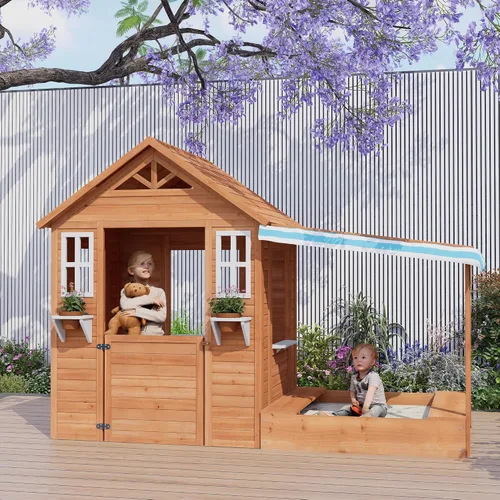 Miniatura 7 de BIRASIL Casa de juegos para niños con arenero, casa de juego de madera para exteriores con fosa de arena para jardín trasero, edades de 3 a 10 años