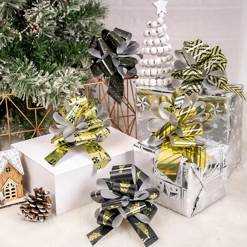 Miniatura 4 de LeZakaa 12 piezas de moños navideños con cinta - Diseño de jengibre negro y dorado - Perfecto para envolver regalos, floristería, ramos, cestas