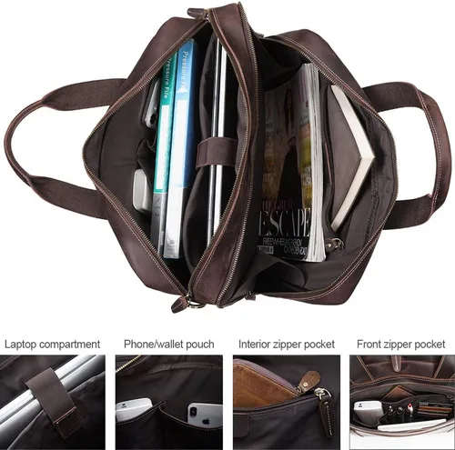 Miniatura 5 de TIDING Maletín de cuero genuino de 17 pulgadas para portátil de mensajero para hombres de negocios de viaje bolsa de hombro