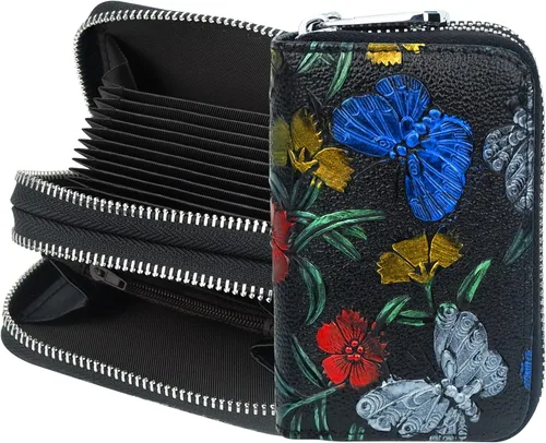 CONISY Tarjetero RFID para mujer, cuero genuino impreso con cremallera alrededor de pequeña cartera de acordeón para damas, Libélulas, Vintage