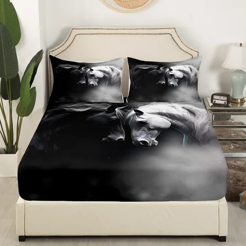 Miniatura 3 de Erosebridal Juego de cama de caballo para niñas, niños y parejas, sábana bajera ajustable de caballos blancos y negros, tamaño individual, diseño