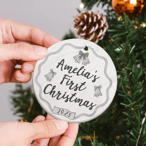 Miniatura 3 de Adorno personalizado de cerámica para la primera Navidad del bebé 2025 – Recuerdo navideño de copo de nieve personalizado con nombre, nuevo adorno