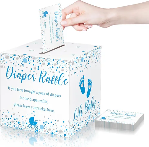 Miniatura 20 de Funrous 51 boletos para rifa de pañales con caja para invitaciones de juegos de baby shower, tarjeta de rifa de pañales para revelación de género