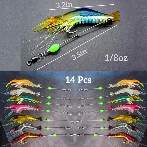 Miniatura 6 de Juego de 30 señuelos de plástico suave para pesca de simulación, juego de señuelos de camarón Lumionous, tamaño universal de 3.2 pulgadas, 1/8