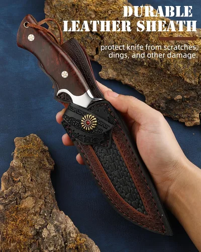 Miniatura 4 de Omeiso - Cuchillo de caza de acero de Damasco con funda de piel, 10.04'' de hoja completa Tang EDC, cuchillo de Damasco de acero para camping