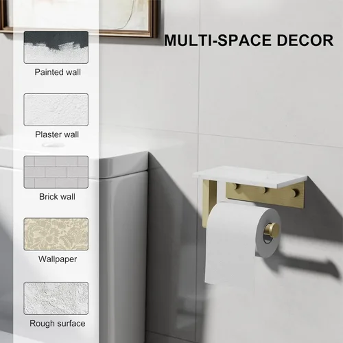 Miniatura 7 de Soporte de papel higiénico dorado cepillado con estante de mármol, soporte de mano de papel higiénico de acero inoxidable 304 montado en la pared