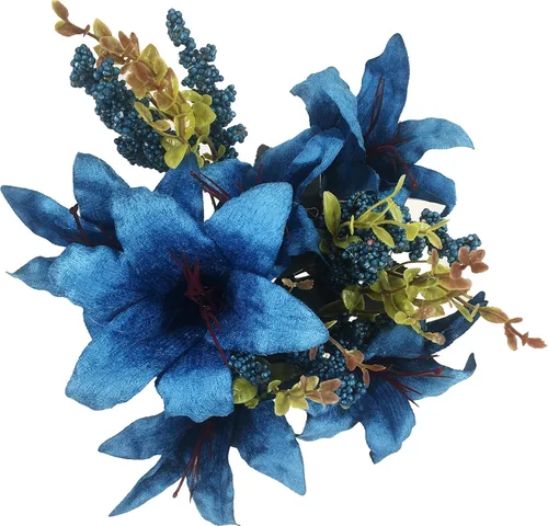 allgala Ramo de flores artificiales de tela vintage grande de 20 pulgadas, arreglado con follajes y vegetación, azul lirio, para decoración del
