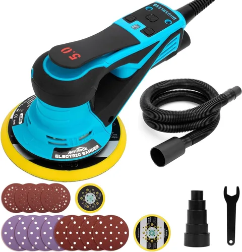 Lijadora orbital aleatoria eléctrica Autolock, motor sin escobillas de 350W con almohadillas de 5 y 6 pulgadas, lijadora de palma eléctrica de Azul