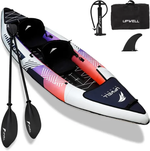 UPWELL Kayak recreativo inflable de 13'6"/11' – 2 personas con piso de punto de caída y accesorios, incluyendo asientos de kayak con soporte de