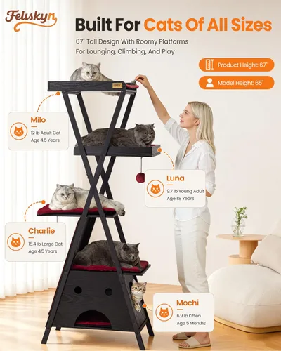 Miniatura 2 de Moderno árbol de madera para gatos de interior grande y adulto, 67 pulgadas de alto, varios niveles, resistente, condominio, muebles con cuevas
