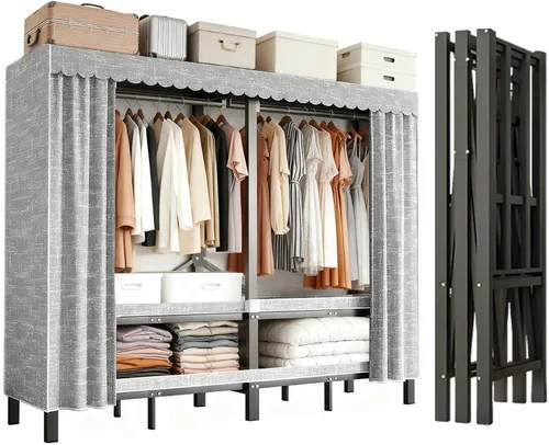 Miniatura 18 de Armario portátil resistente de 49.2 pulgadas, armario plegable con tapa, estantes de metal para organizadores de ropa y almacenamiento
