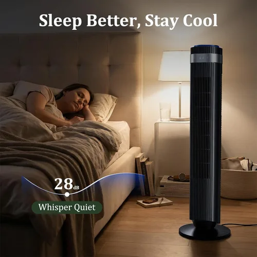 Miniatura 6 de Ventilador de torre para dormitorio, ventilador oscilante silencioso de 28 dB sin aspas con control remoto, 5 velocidades y 4 modos, temporizador