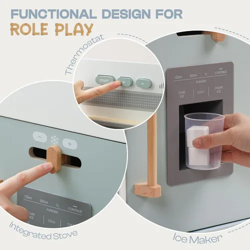 Miniatura 5 de ROBOTIME Juego de cocina para niños pequeños, juego de cocina de madera para niños con luces y sonidos reales, dispensador de cubitos de hielo, Azul