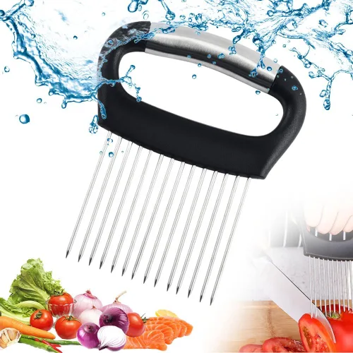 Nuevo soporte para rebanar cebolla de acero inoxidable, soporte de cebolla para rebanar, cortador de verduras de limón, herramienta auxiliar para