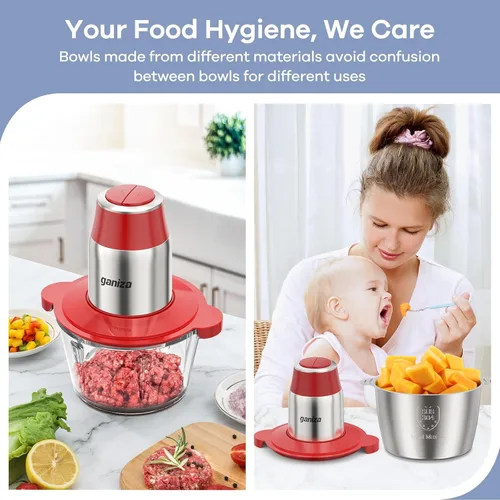 Miniatura 4 de GANIZA Procesadores de alimentos, picadora eléctrica de alimentos con picadora de carne y picadora de verduras, 2 cuencos (8 tazas+8 tazas) con Rojo