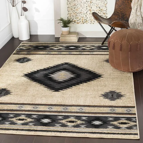 Miniatura 7 de Hoylake Southwestern - tapete estilo tribal, azteca, indio americano e indie, felpudo, pequeño, marrón, gris, negro, 1 pie y 10 pulgadas por 2 pies