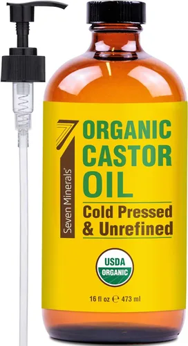 Seven Minerals Nuevo Aceite de Ricino Orgánico Prensado en Frío Sin Refinar en Botella de Vidrio de 16 fl oz - Paquete de Botella de Vidrio - 100%