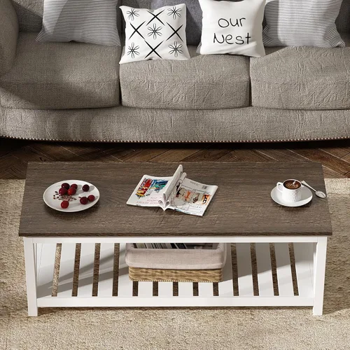 Miniatura 3 de Mesa de café ChooChoo Farmhouse, Mesa rústica vintage para sala de estar con estante, 47 blanco