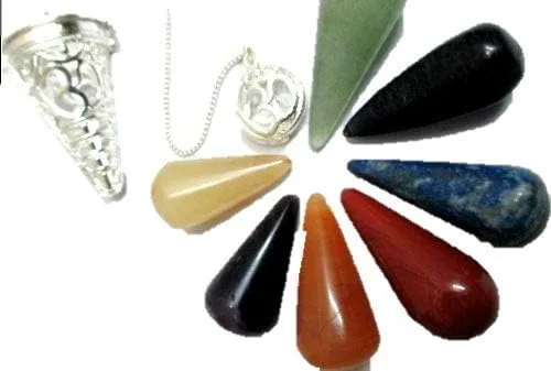 Miniatura 3 de Jet International Jaula Chakra Péndulo 2" Cono de Chakra Intercambiable Plata con Bolsa de Divinación Wicca SíNo Pagano (Om)