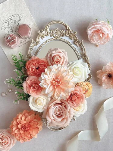 Miniatura 200 de FACINOC Ramos de Rosas Artificiales Naranjas, Juego de Caja de Flores Artificiales con Tallos para DIY, Bodas, Despedidas de Soltera, Decoraciones