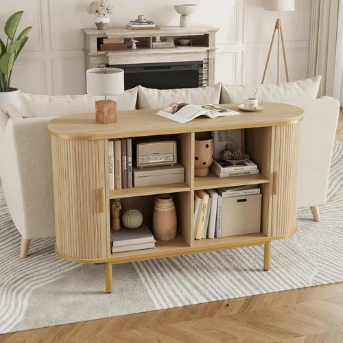 Miniatura 6 de QUW Mesa consola con puertas correderas de tambor, soporte de TV de mediados de siglo de 47 pulgadas con almacenamiento y estantes abiertos Nogal