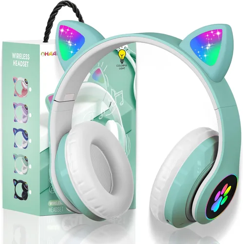 Miniatura 20 de Auriculares Bluetooth con cancelación de ruido para niños, auriculares plegables con forma de orejas de gato y luz LED, auriculares con orejas