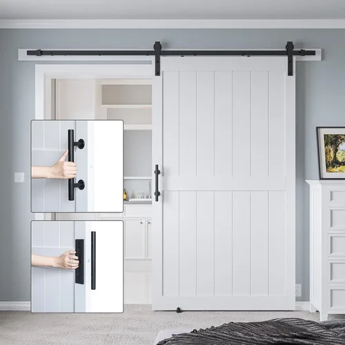 Miniatura 6 de Puerta corrediza de granero MDF de 48 x 80 pulgadas con kit de herrajes para puerta de granero de 8 pies y asa, agujeros preperforados, fácil Blanco
