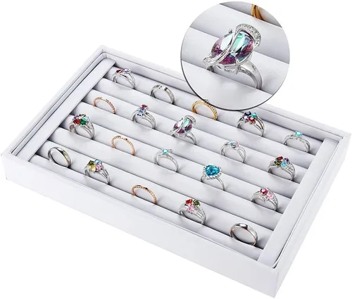 Miniatura 3 de Valyria Bandejas de terciopelo con 7 ranuras para aretes de anillo, exhibición, organizador de joyas (piel sintética blanca)