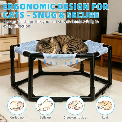 Miniatura 5 de Cama hamaca elevada para gatos, cuna hexagonal elevada para gatos con tela transpirable de gorro de hielo y bloque antideslizante, alfombrilla