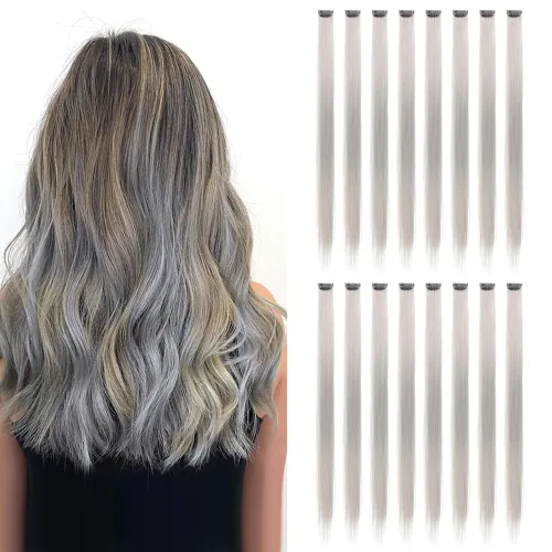 Miniatura 18 de 16 piezas de extensiones de cabello con clip de color púrpura, varios colores, para fiestas, clip en postizo sintético, para Halloween, cosplay