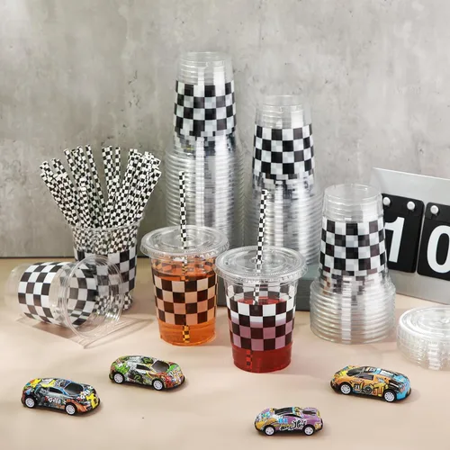 Miniatura 4 de Sliner 50 juegos de vasos de plástico a cuadros de 16 onzas con tapas y pajitas de papel, vasos desechables transparentes para fiesta de autos