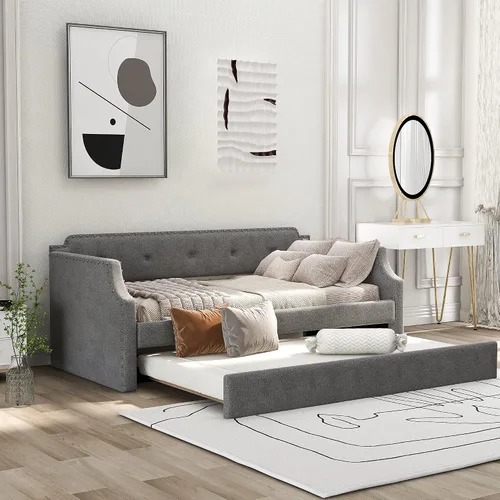Miniatura 17 de MERITLINE Sofá cama tapizado de tamaño matrimonial con nido, sofá cama matrimonial de terciopelo con respaldo y reposabrazos, marco de cama Gris